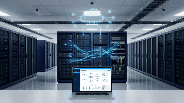 Server racks in a modern data centre used for VPS hosting