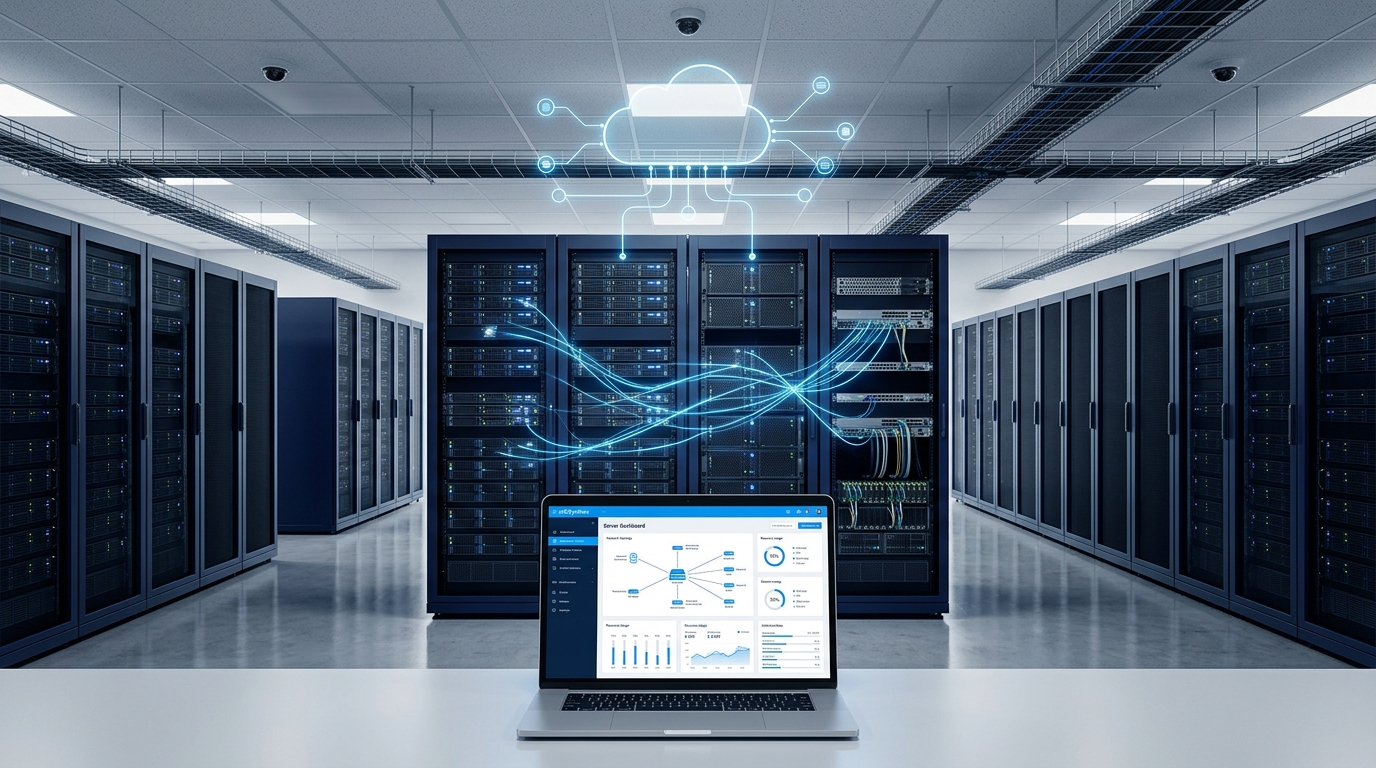 Server racks in a modern data centre used for VPS hosting